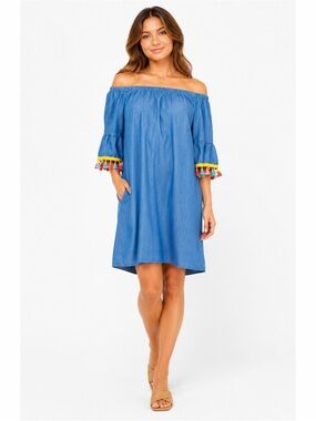 See You Monday | Chambray Denim Off Shoulder Rainbow Tassels Tunic Mini Dress